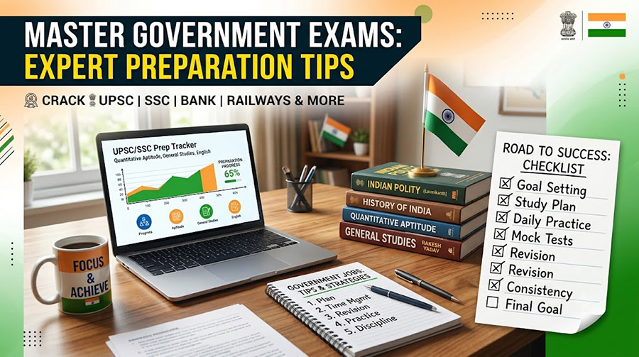 Candidate preparing for government job examinations with books, notes and a laptop
