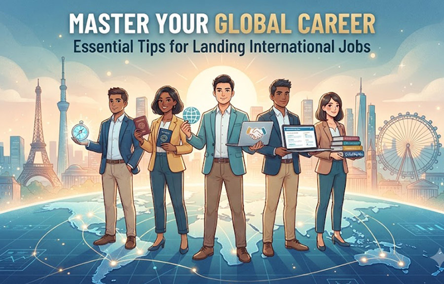 Professional planning an international job search with global map and passport