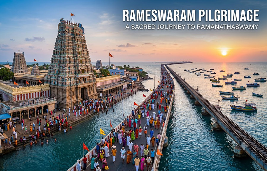 Rameswaram Pilgrimage guide featuring Sri Ramanathaswamy Temple corridors and Dhanushkodi